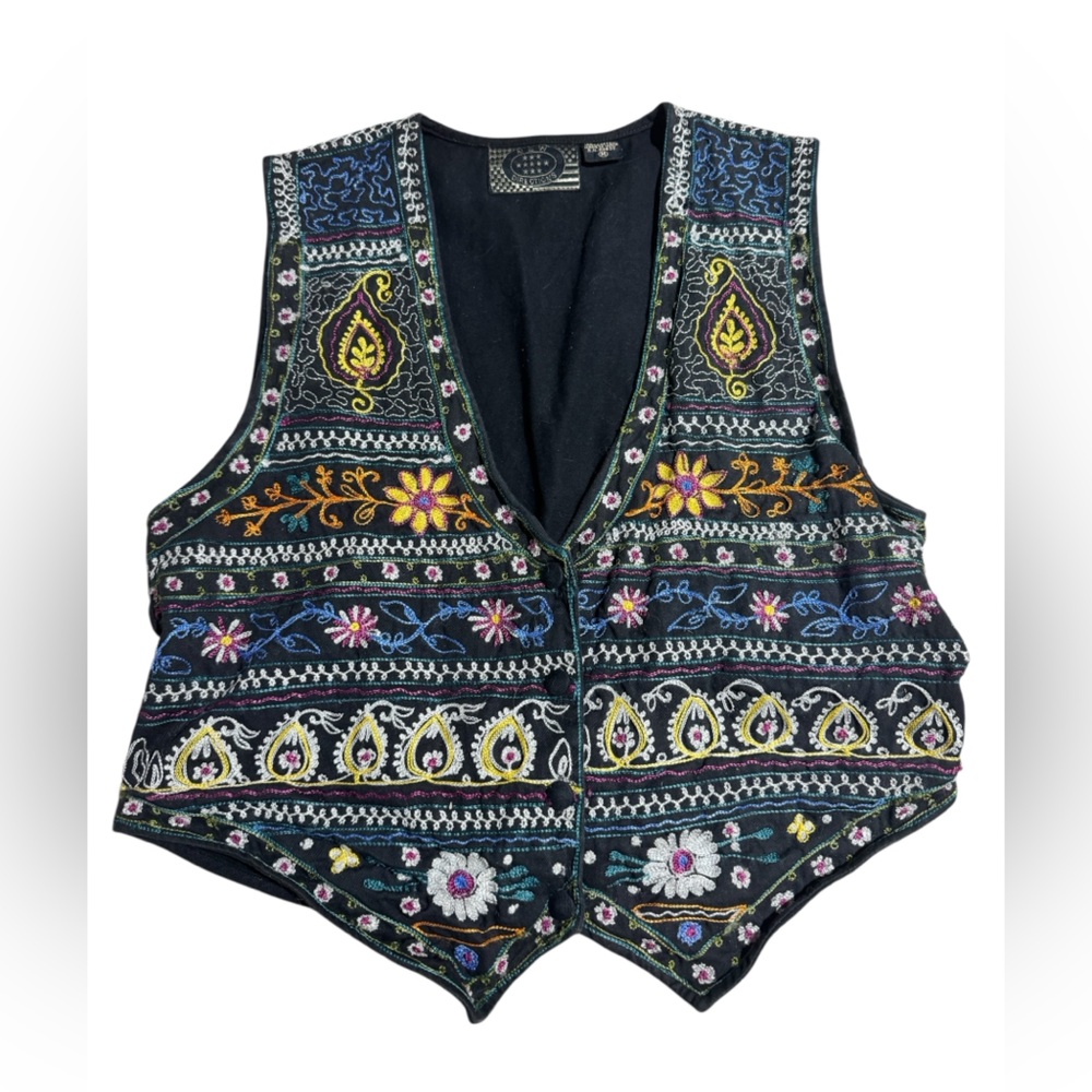 Vintage New Directions black embroidered vest waistcoat floral black Medium